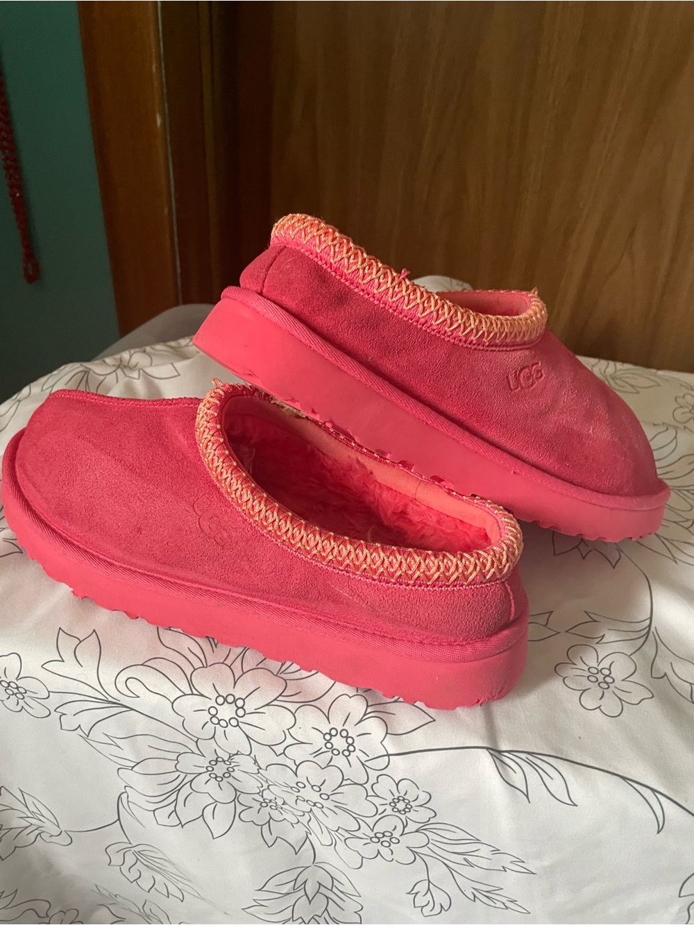 UGG Bright Pink Suede Slip-On Mules with Peach Trim